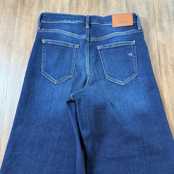 HIDDEN High Rise Wide Leg Jeans Frayed Hem Dark Blue Stretchy ankle crop - Picture 13 of 14